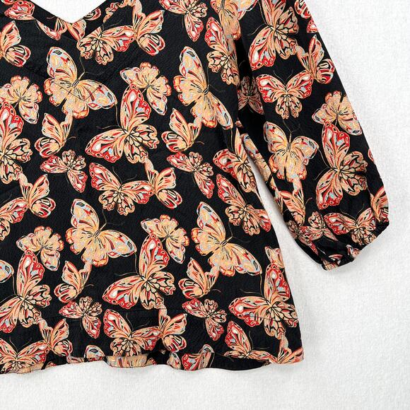 JOHNNY WAS Silk Akil Butterfly Print Top Womens XS Black V Neck 3/4 Puff Sleeve - Picture 8 of 13